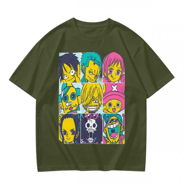 Olive T-shirt with One Piece x Simpsons Style Character Grid Print
