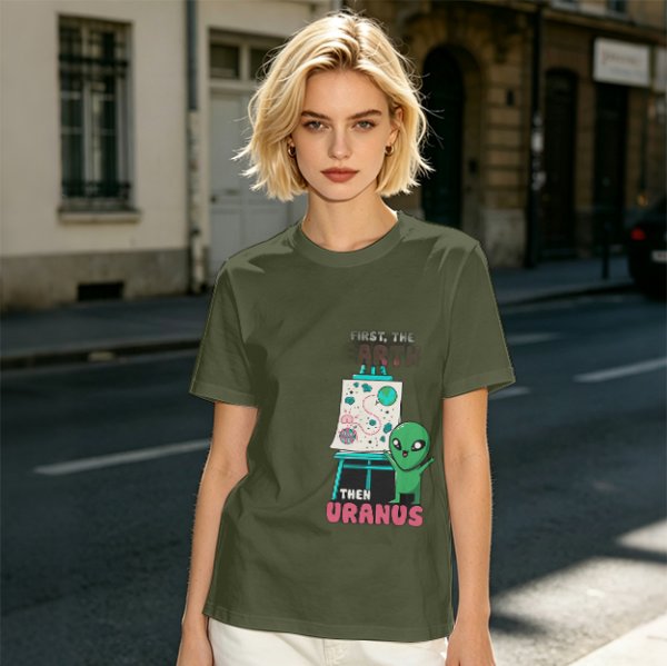 Olive green graphic tee with alien painting 'First the Earth Then Uranus'