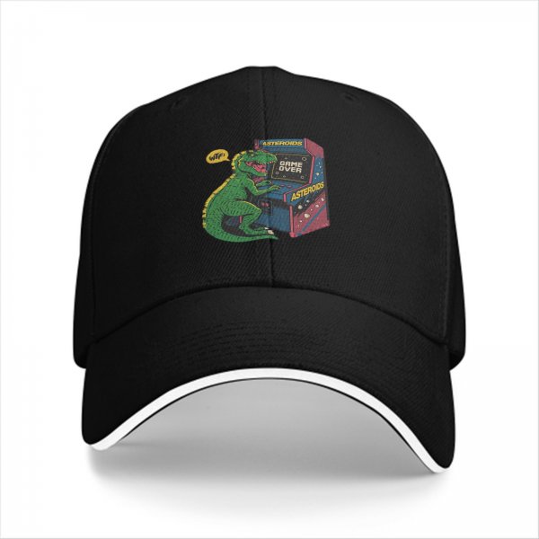 Black Baseball Cap with T-Rex Playing Asteroids Arcade Game Over Print