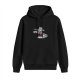 Black hoodie with cartoon raccoon driving a red car graphic