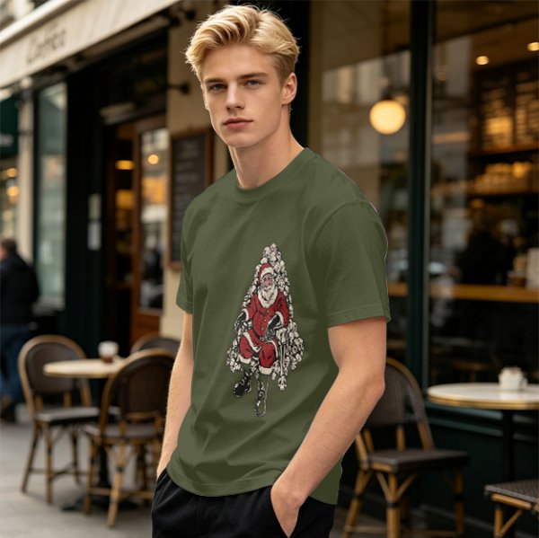 Olive T-shirt with Santa Claus on Skull Throne Graphic