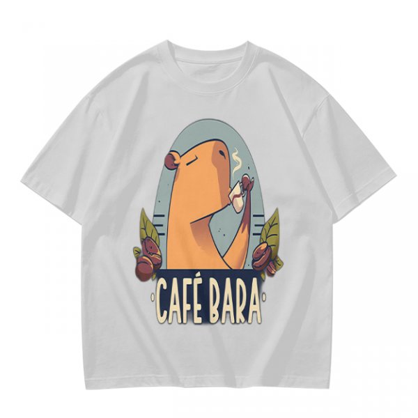 Olive t-shirt with capybara drinking coffee graphic