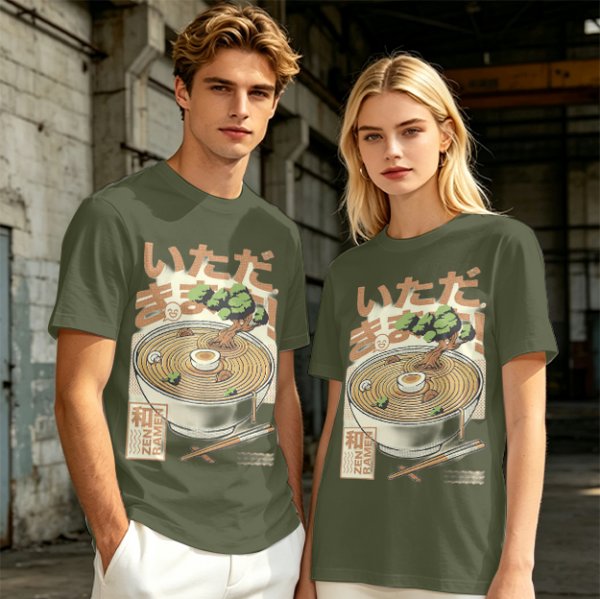 Olive green t-shirt with zen ramen bowl and bonsai tree print