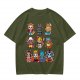 Olive T-Shirt With Cute Anime Cat Character Print