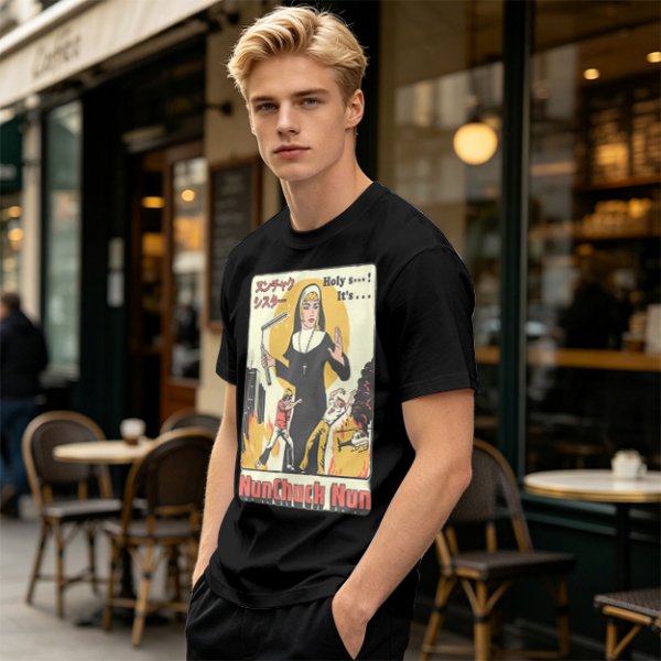Olive T-shirt with Nunchuck Nun Action Graphic Print