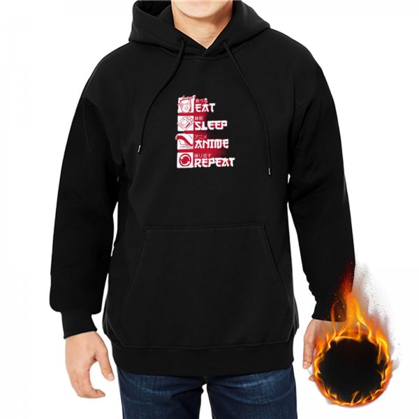 Black Anime Themed Hoodie With Eat Sleep Anime Repeat Print