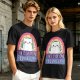 Olive graphic t-shirt with a white cat and 'I hate everyone equally' print