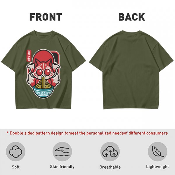 Olive t-shirt with cute kitsune fox eating ramen graphic