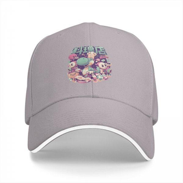 Black baseball cap with cute dinosaur chef and anime character graphic