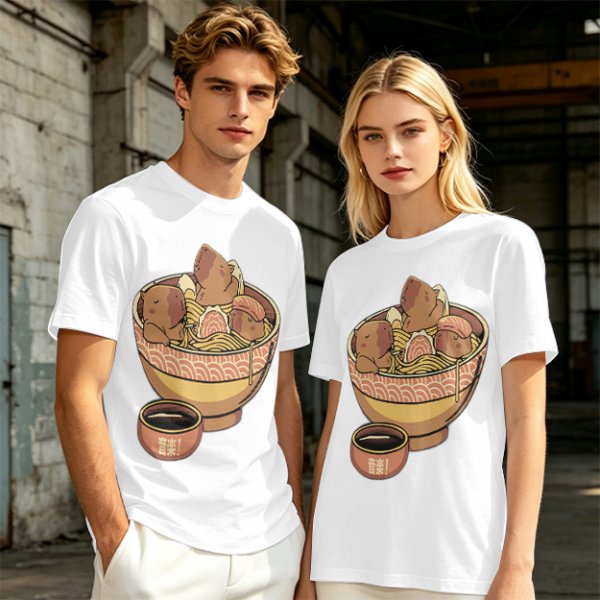 Olive Green T-Shirt With Capybara Ramen Bowl Print