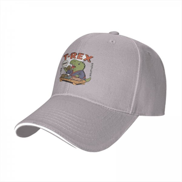 Black baseball cap with T-Rex sushi chef graphic and RAWR text