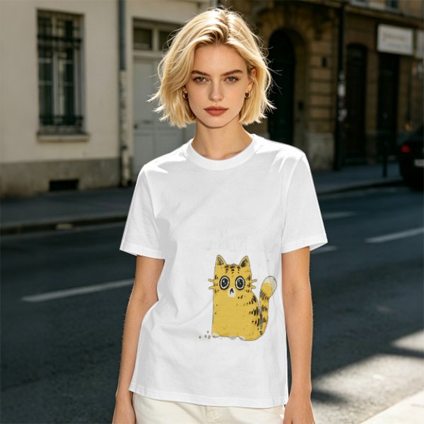Olive Green T-Shirt With Surprised Yellow Tabby Cat Graphic