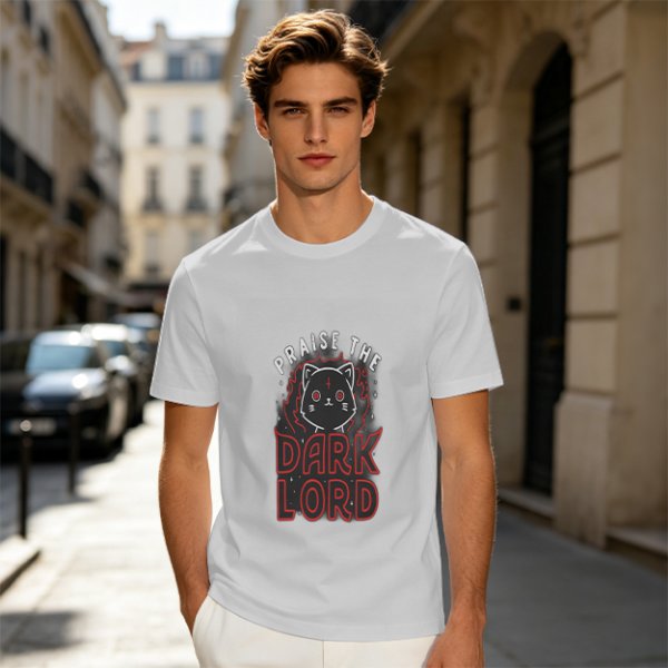 Olive t-shirt with 'Praise the Dark Lord' and dark cat graphic