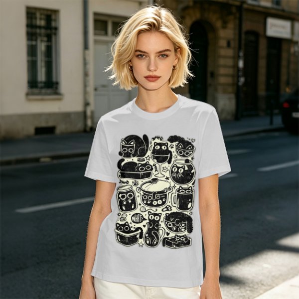 Olive Green T-Shirt With Playful Black Cats In Kitchenware Print
