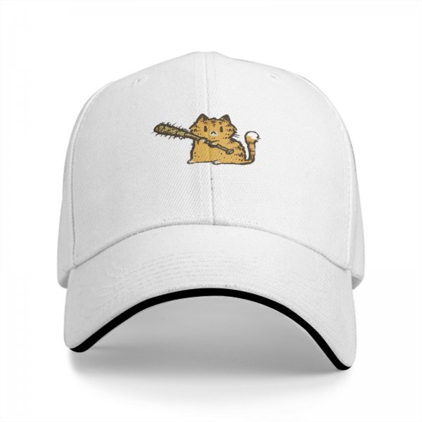 Black baseball cap with a cartoon orange cat holding a baseball bat
