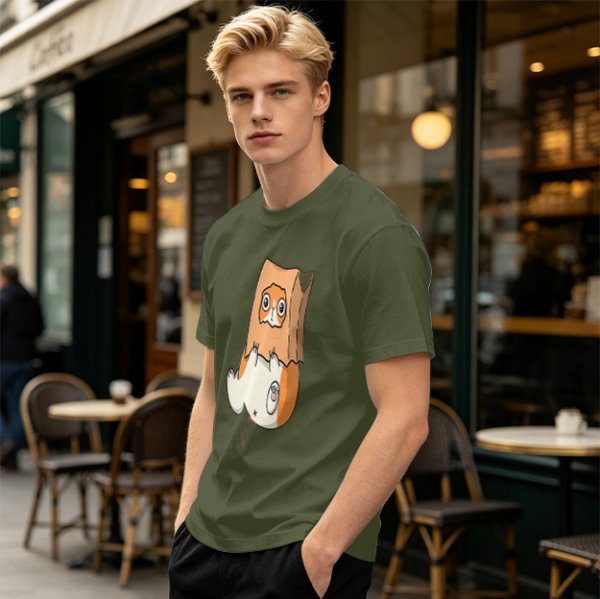 Olive T-Shirt With Cute Hamster In Paper Bag Print