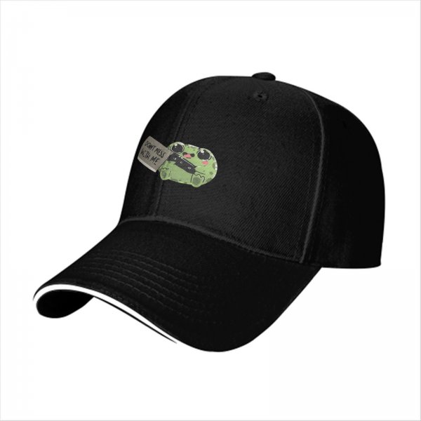 Black baseball cap with cute frog holding 'Don't mess with me' sign