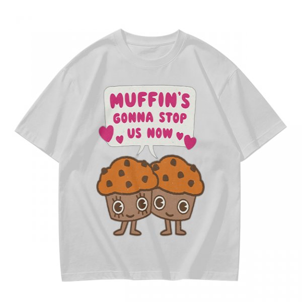 Olive t-shirt with cute muffin graphic and playful text design