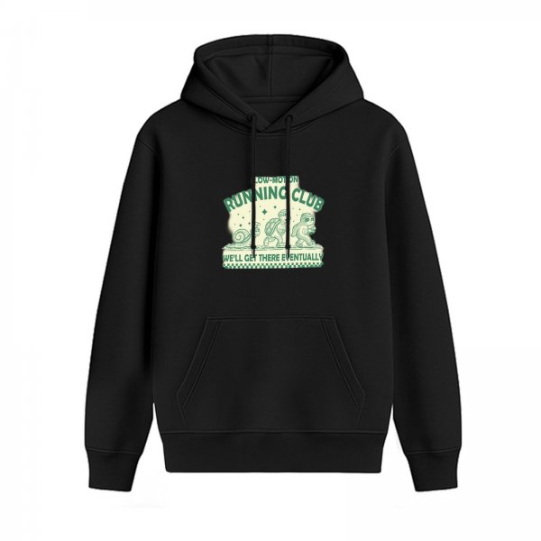 Black Hoodie With Low-Motion Running Club Sloth Turtle Snail Graphic