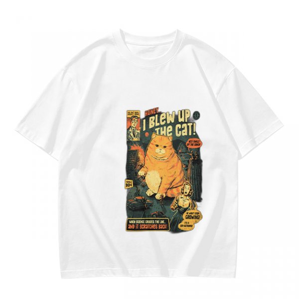 Olive t-shirt with vintage comic style 'I Blew Up The Cat!' print