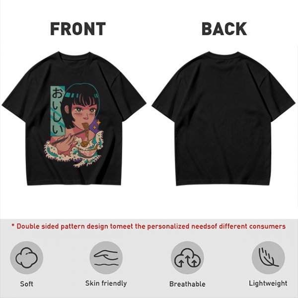 Olive anime graphic t-shirt with girl eating ramen and Japanese text