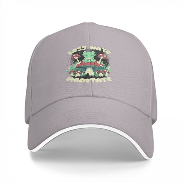 Black baseball cap with meditating frog and 'Less Hate Meditate' mushroom design