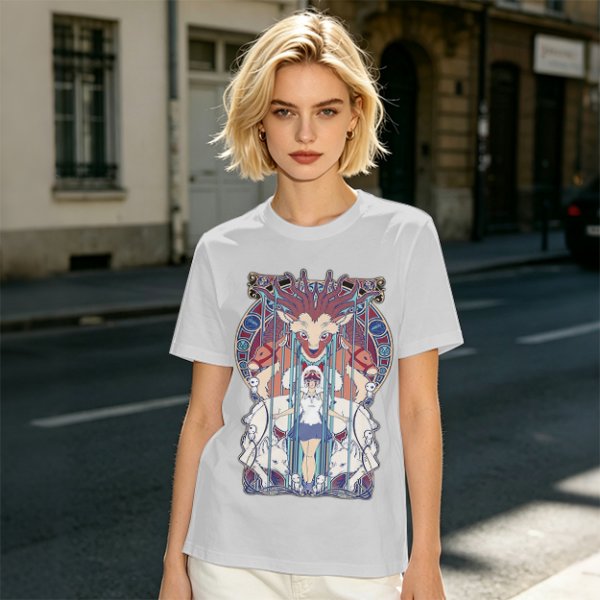 Olive green t-shirt with stained glass style forest spirit anime artwork
