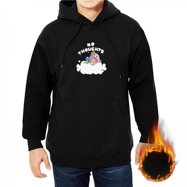 Black hoodie with 'No Thoughts' sleeping character cloud graphic