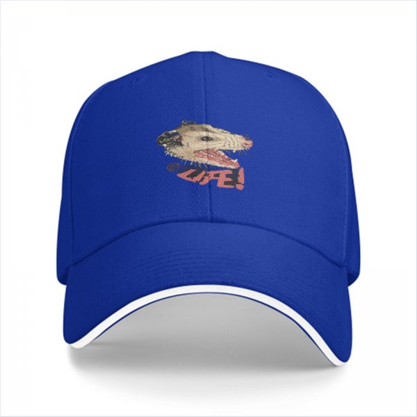 Black baseball cap with hissing opossum and LIFE! graphic