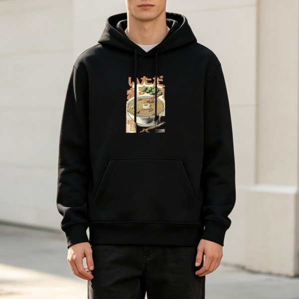 Black hoodie with Japanese ramen graphic print