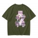 Olive green t-shirt with playful Mount Fuji character graphic print