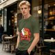 Olive green t-shirt with a sleeping orange cat on a red armchair print