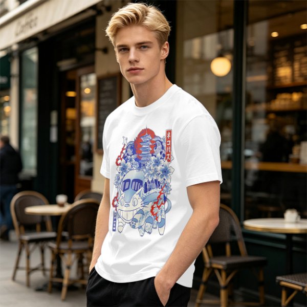 Olive green t-shirt with cat bus and Japanese traditional art print