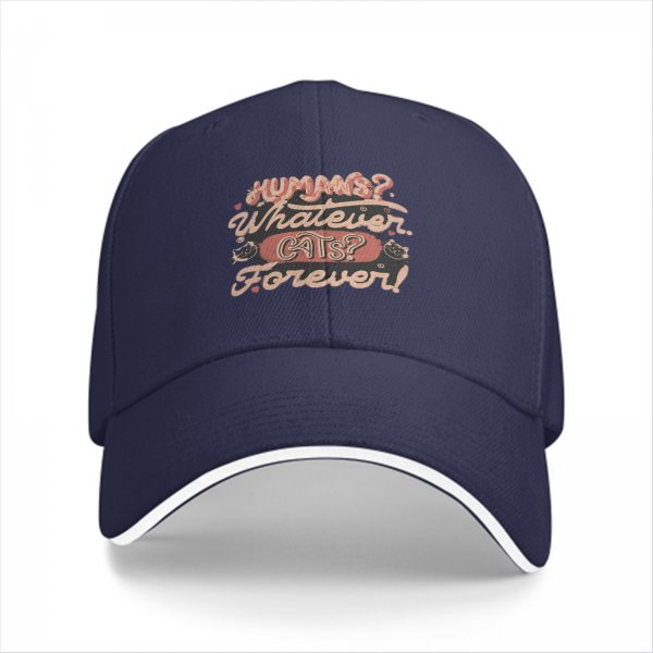 Black baseball cap with 'Humans? Whatever. Cats? Forever!' print