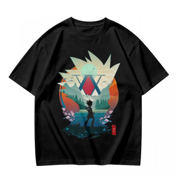 Hunter x Hunter Anime Graphic Tee with Sunset Landscape Art
