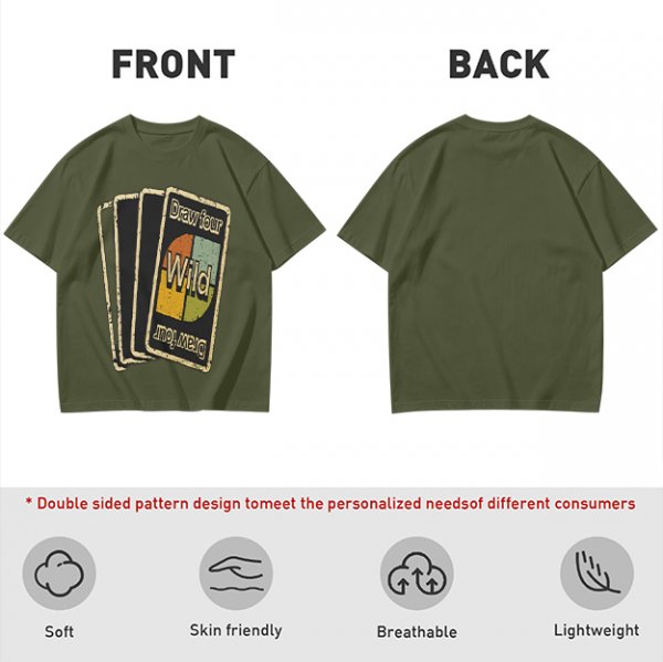 Olive T-Shirt with Retro Uno Wild Draw Four Card Graphic