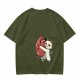 Olive T-Shirt With Cute White Cat Hugging Anatomical Heart Print