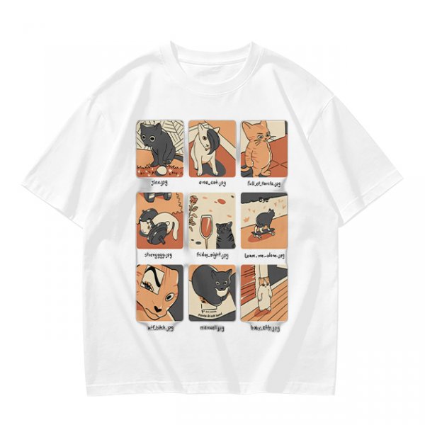 Olive T-Shirt with 9 Grid Cute Cat Illustrations Print