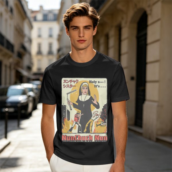 Olive T-shirt with Nunchuck Nun Action Graphic Print