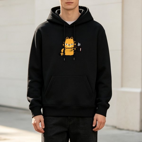 Black hoodie with grumpy orange cat holding a coffee mug