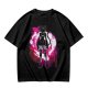 Olive anime cat character graphic t-shirt with pink abstract background