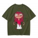 Olive Green T-Shirt With Creepy Cartoon Girl Print