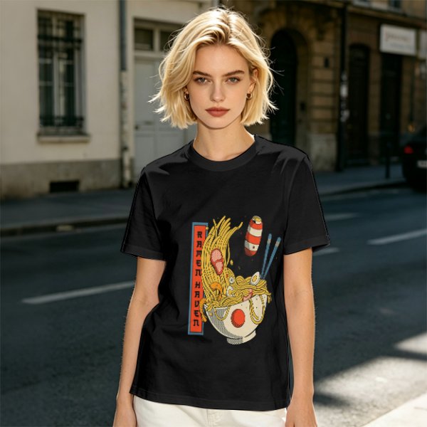 Olive T-Shirt With Ramen Bowl Graphic and Vertical Text Print