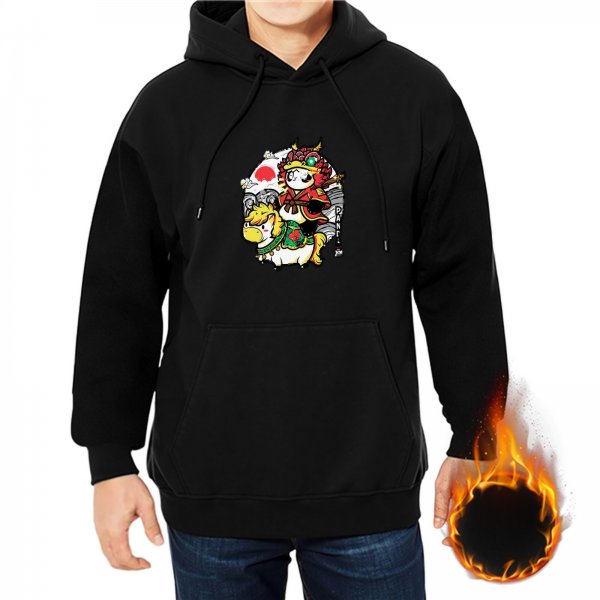 Black hoodie with cute warrior character riding a stylized animal graphic