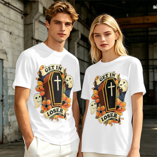 Olive Halloween T-Shirt with Get In Loser Coffin Ghost Floral Art