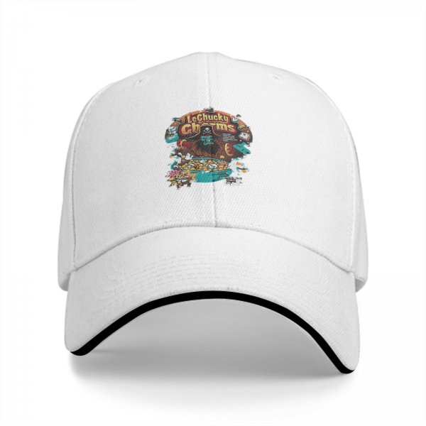 Black baseball cap with LeChucky Charms cereal graphic print