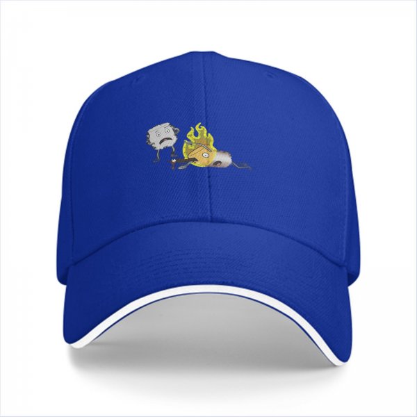 Black baseball cap with cartoon burning character and worried companion graphic