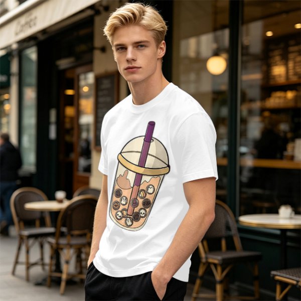 Olive T-Shirt With Halloween Themed Boba Tea Graphic