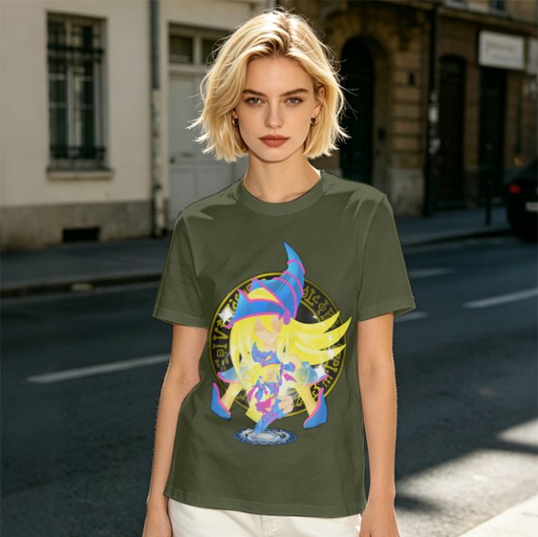 Olive T-Shirt with Dark Magician Girl Anime Graphic Print