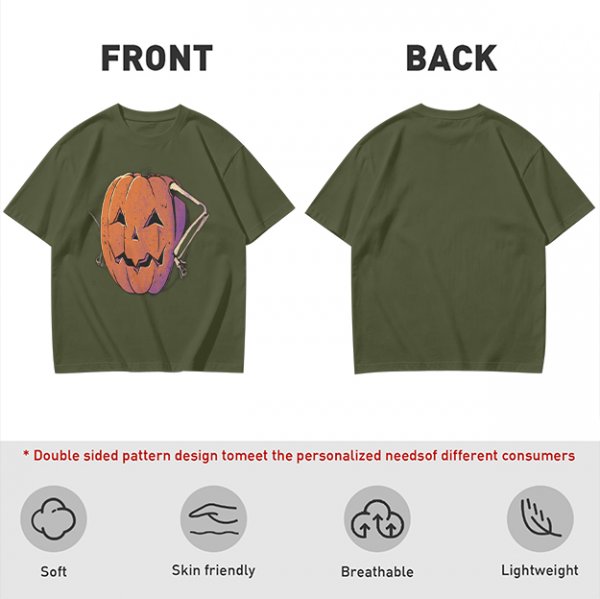Olive Halloween T-Shirt with Skeleton Arm Jack-o'-Lantern Graphic